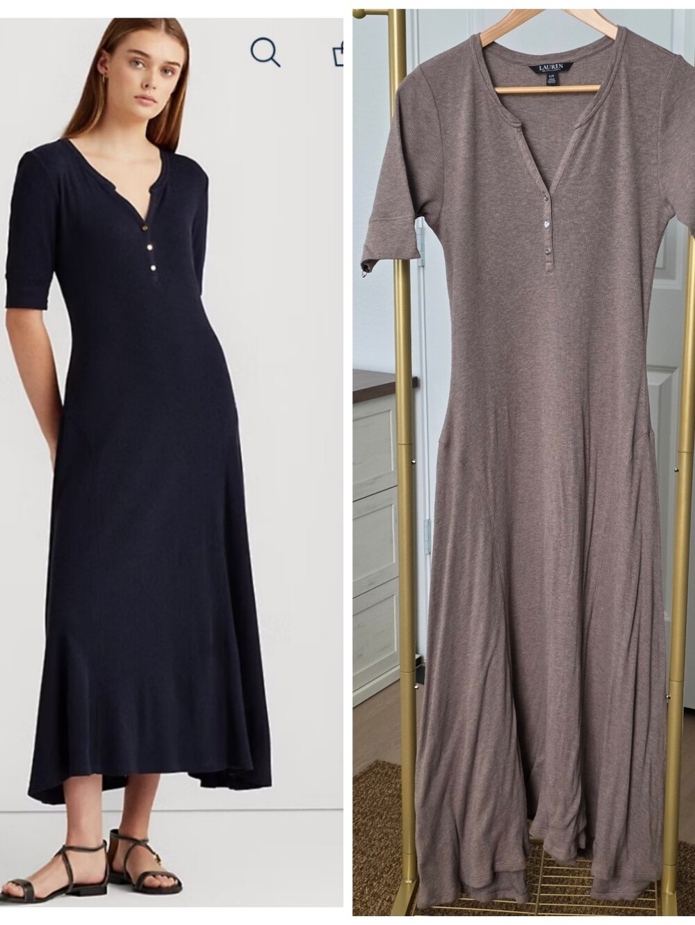 Lauren Ralph Lauren Cotton Fit-and-Flare Dress, Tan, Large, Short Sleeve Maxi
